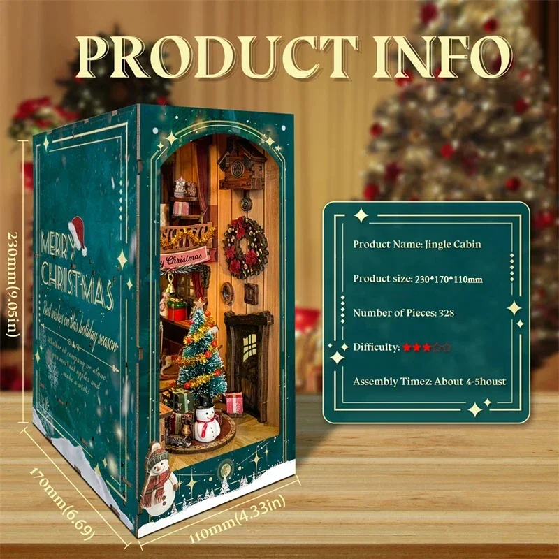 Diy Wooden Book Nook Kit Shelf Insert - ชุดประกอบชั้นวางหนังสือไม้ DIY รูปกระท่อมจิงเกิล สำหรับตกแต่งบ้าน ของขวัญทำมือสำหรับผู้ใหญ่ในเทศกาลคริสต์มาส