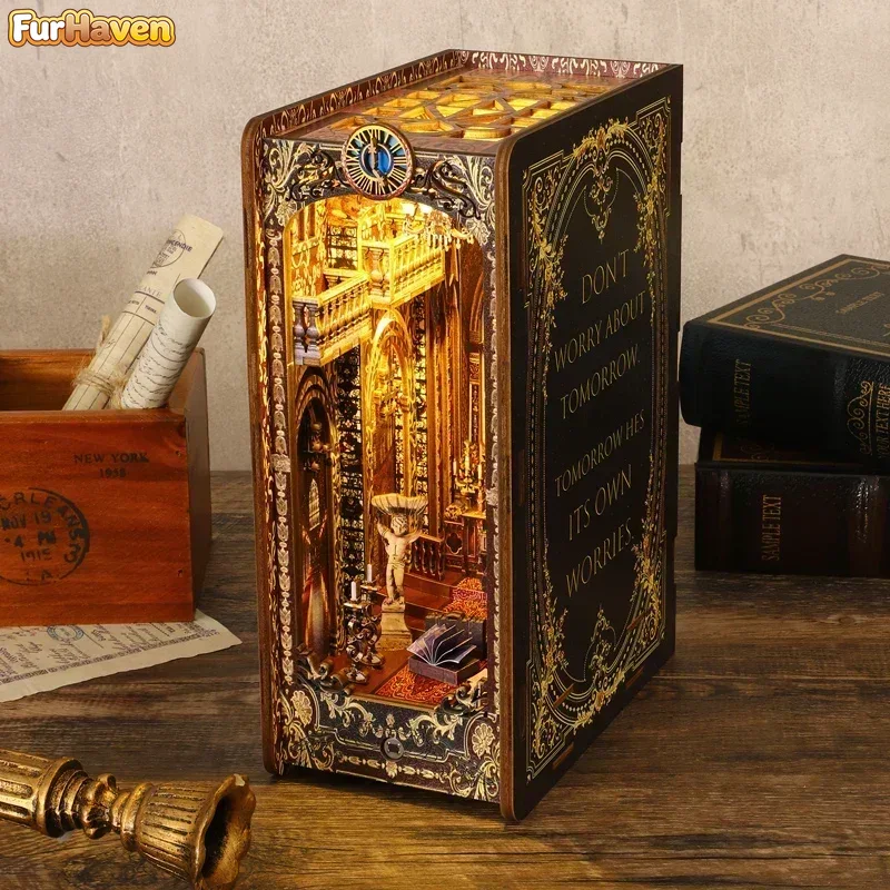 Diy Wooden Book Nook Kit Shelf Insert - ชุดประกอบชั้นวางหนังสือไม้ DIY รูปทรงโบสถ์จิ๋ว ของตกแต่งบ้าน ของขวัญงานฝีมือทำมือ